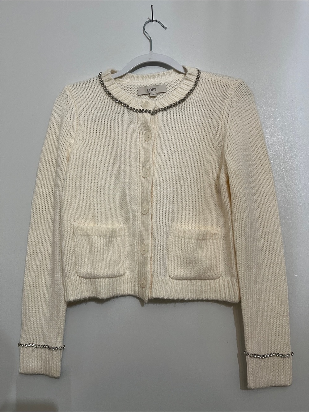 LOFT Cream Knit Cardigan with Rhinestone Trim